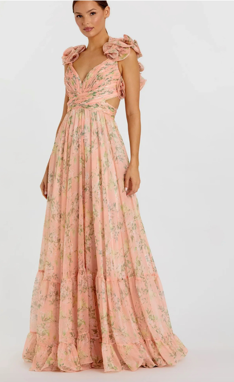 MAC DUGGAL PINK RUFFLE TIERED FLORAL CUT-OUT CHIFFON GOWN MAXI DRESS SZ 2